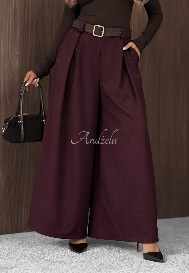 L&aacute;tkov&eacute; nohavice wide leg s opaskom Simple Elegance bordov&aacute;