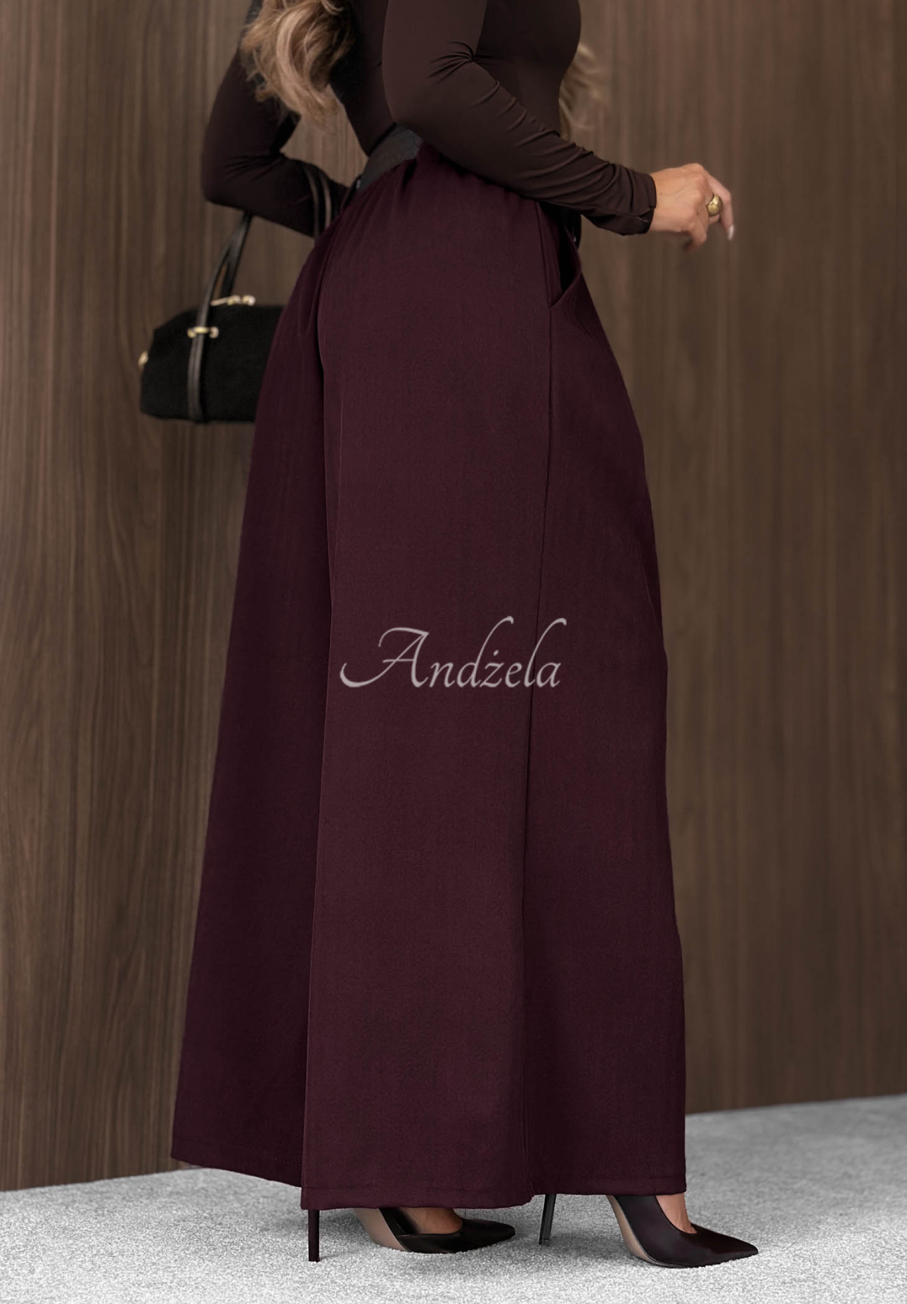 Látkové nohavice wide leg s opaskom Simple Elegance bordová