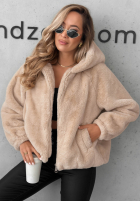 Krátka Bunda futerko s kapucňou Fluffy Babe béžová