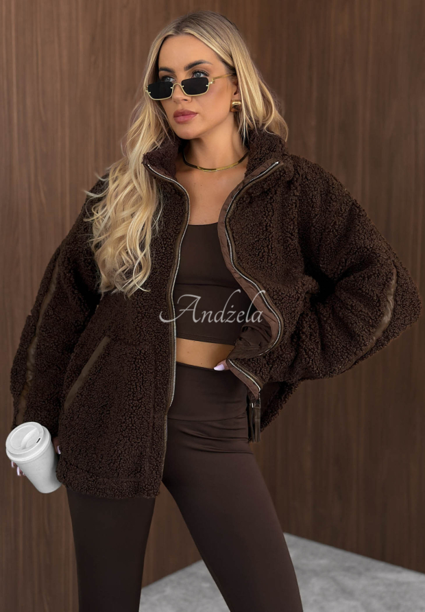 Kož&uacute;&scaron;kov&aacute; sherpa bunda so stojačikom Cozy Darling čokol&aacute;dov&aacute;