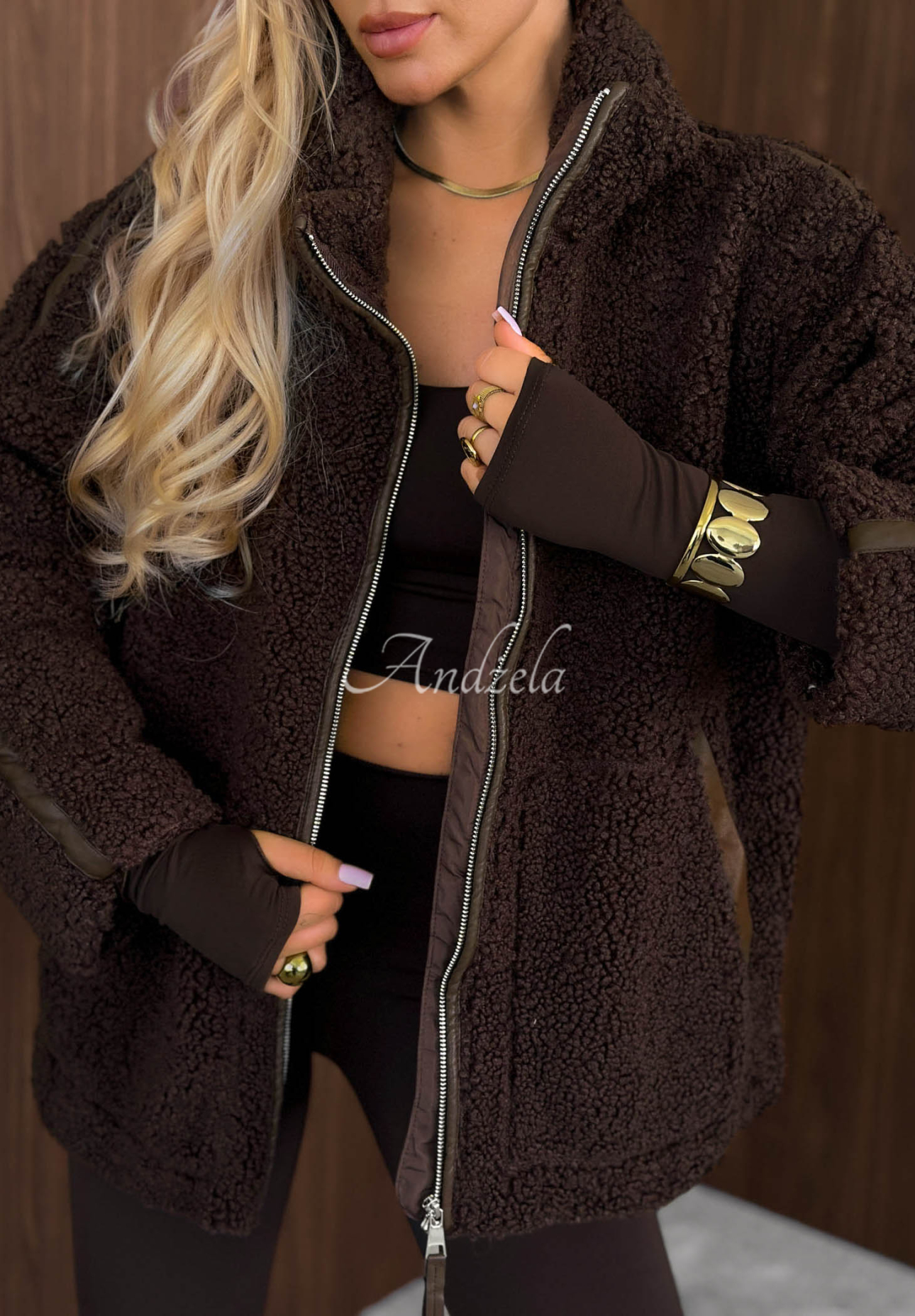 Kožúšková sherpa bunda so stojačikom Cozy Darling čokoládová