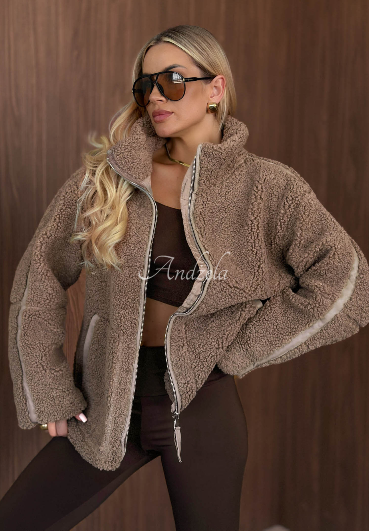 Kožúšková sherpa bunda so stojačikom Cozy Darling Mokka
