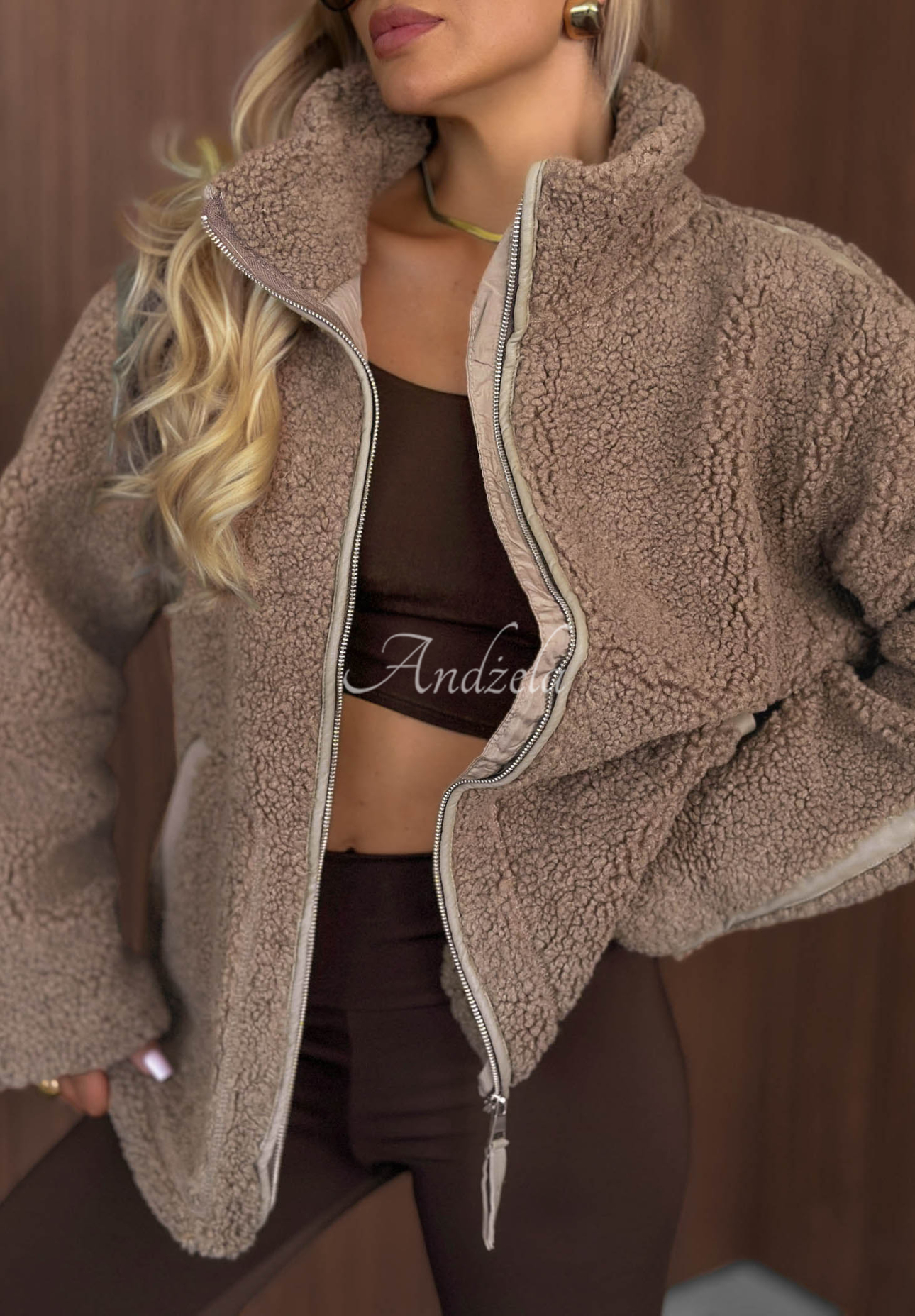 Kožúšková sherpa bunda so stojačikom Cozy Darling Mokka