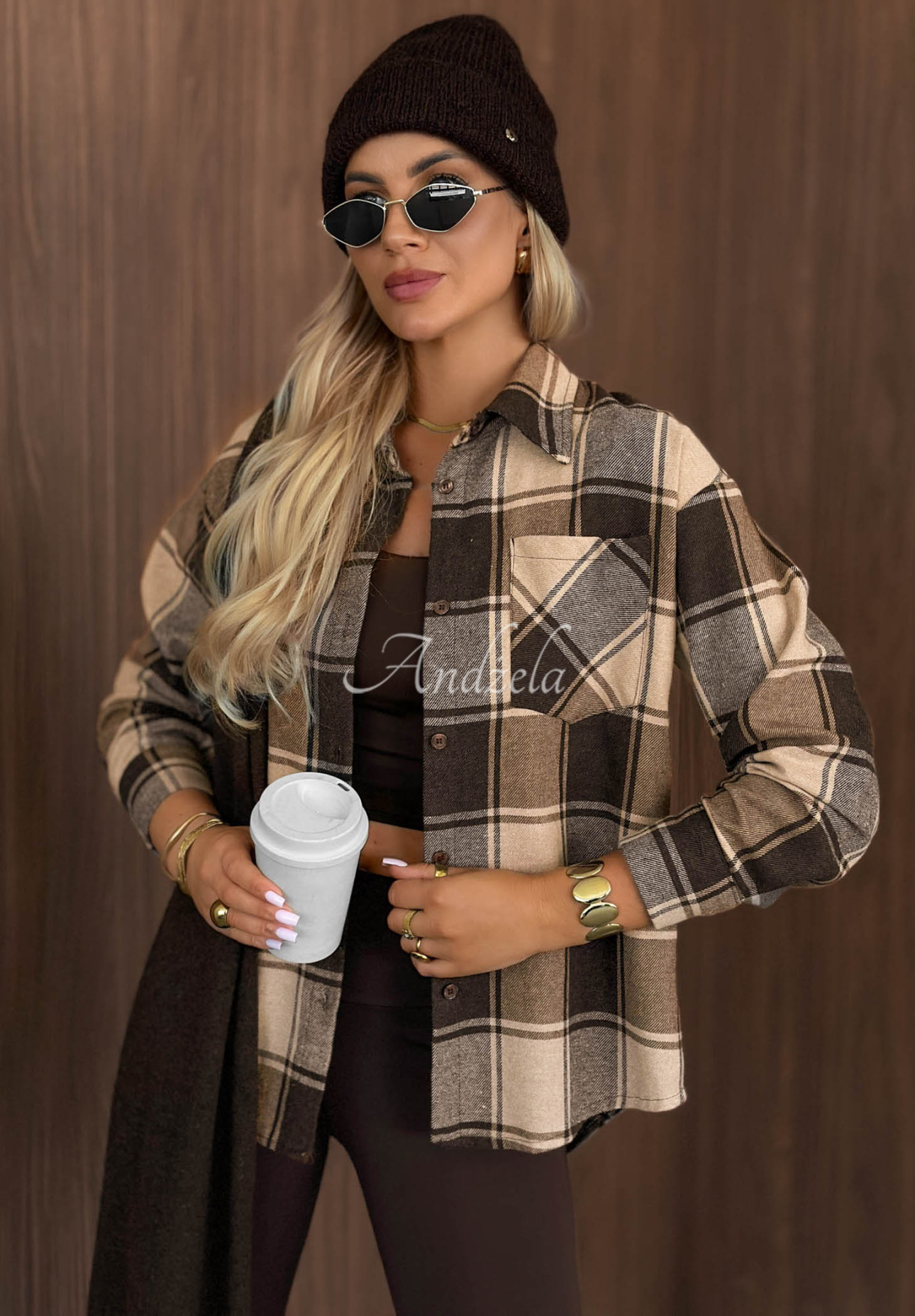 Károvaná košeľa Everyday Crush béžovo-čokoládová