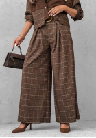 látkové Nohavice wide leg w kratę z paskiem Second Coffee čokoládové