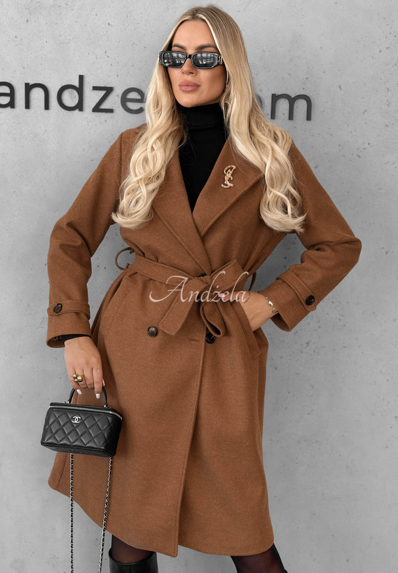 Dlhý kabát s golierom a opaskom Maple Street ťavý
