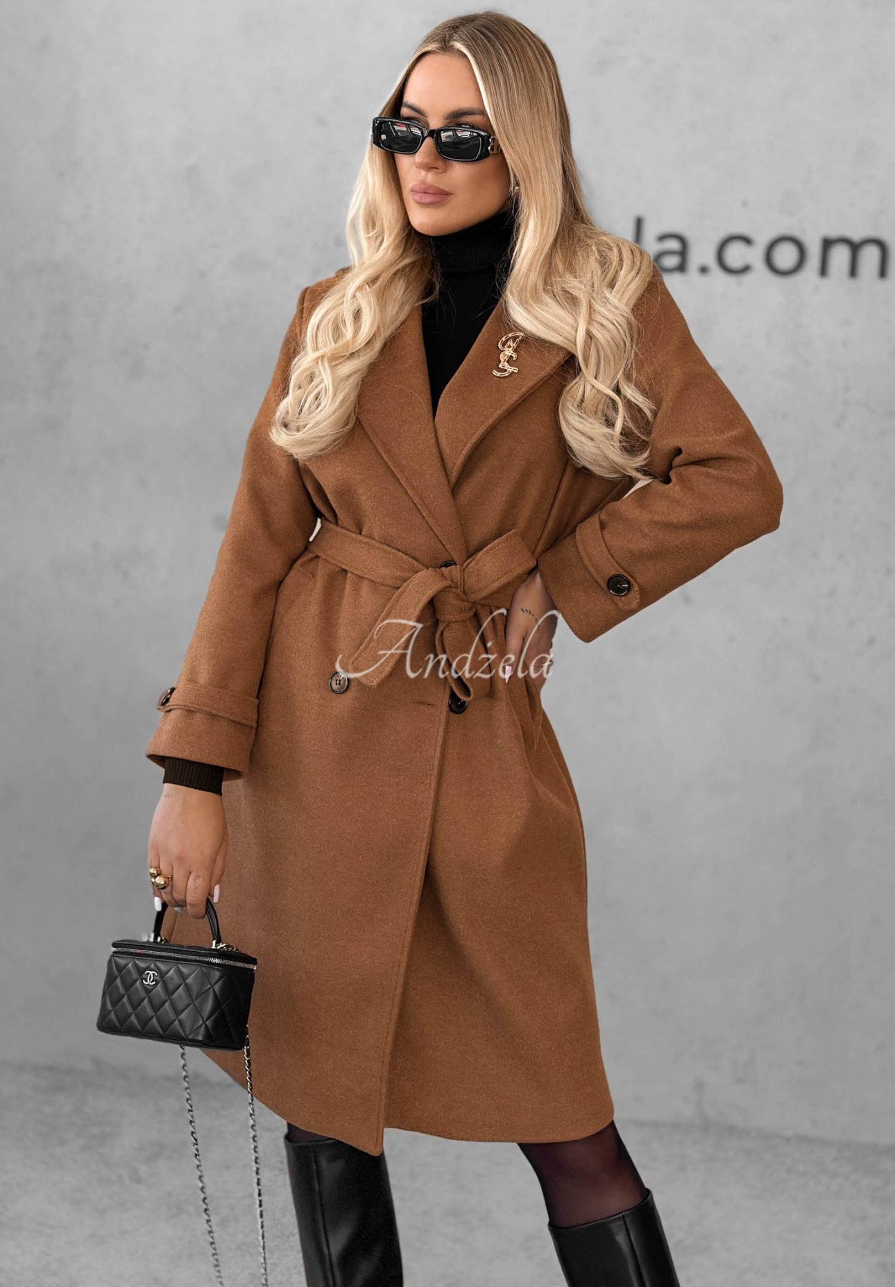 Dlhý kabát s golierom a opaskom Maple Street ťavý