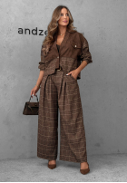 látkové Nohavice wide leg w kratę z paskiem Second Coffee čokoládové