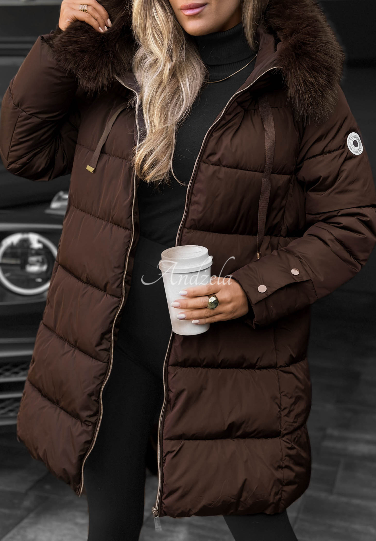 Dlhá prešívaná bunda s kožušinou Winter Sunday čokoládová