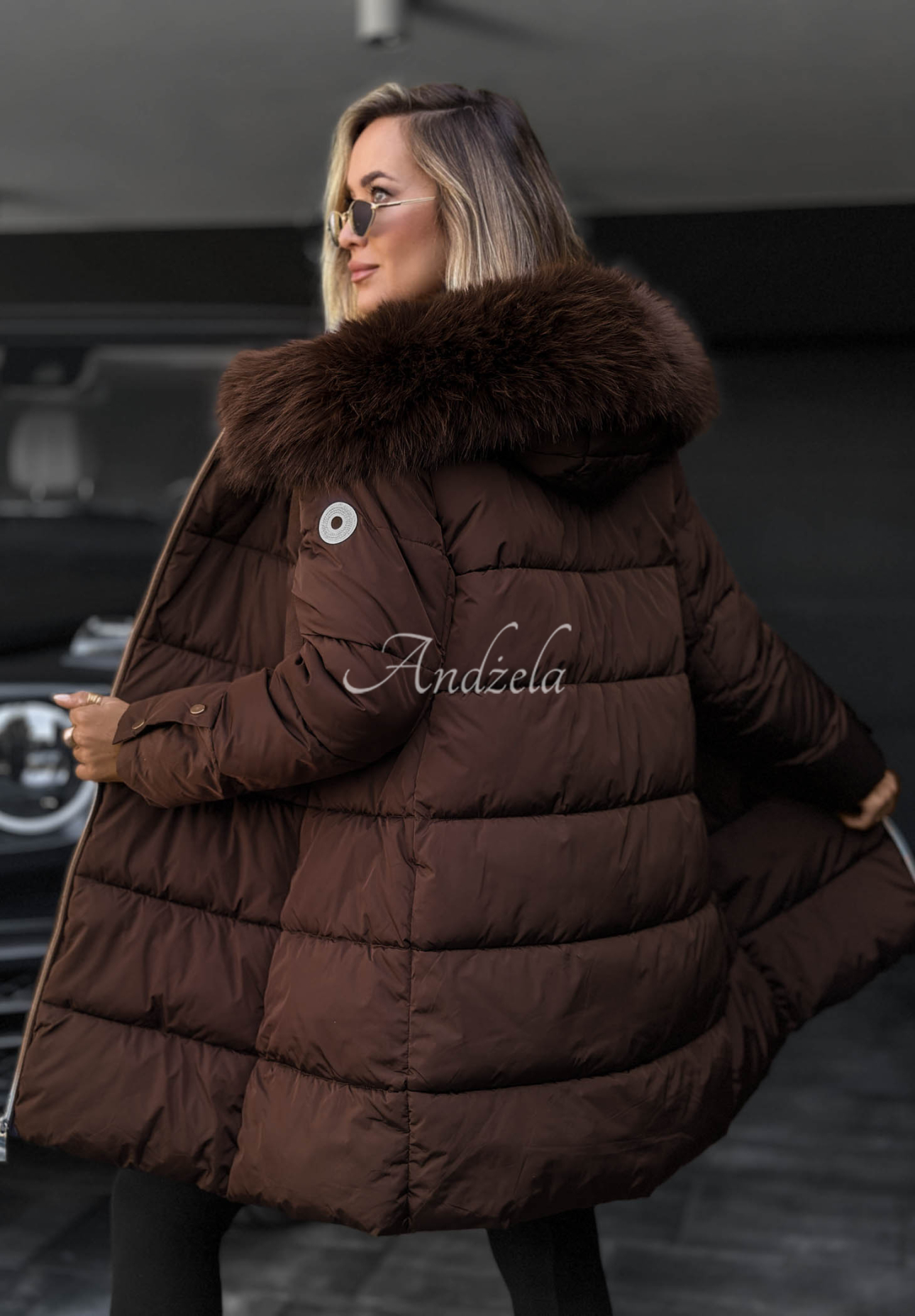 Dlhá prešívaná bunda s kožušinou Winter Sunday čokoládová