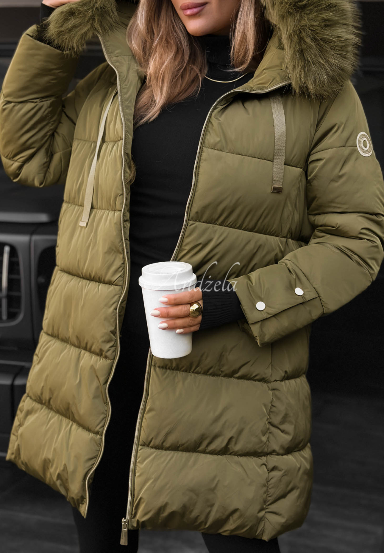 Dlhá prešívaná bunda s kožušinou Winter Sunday khaki