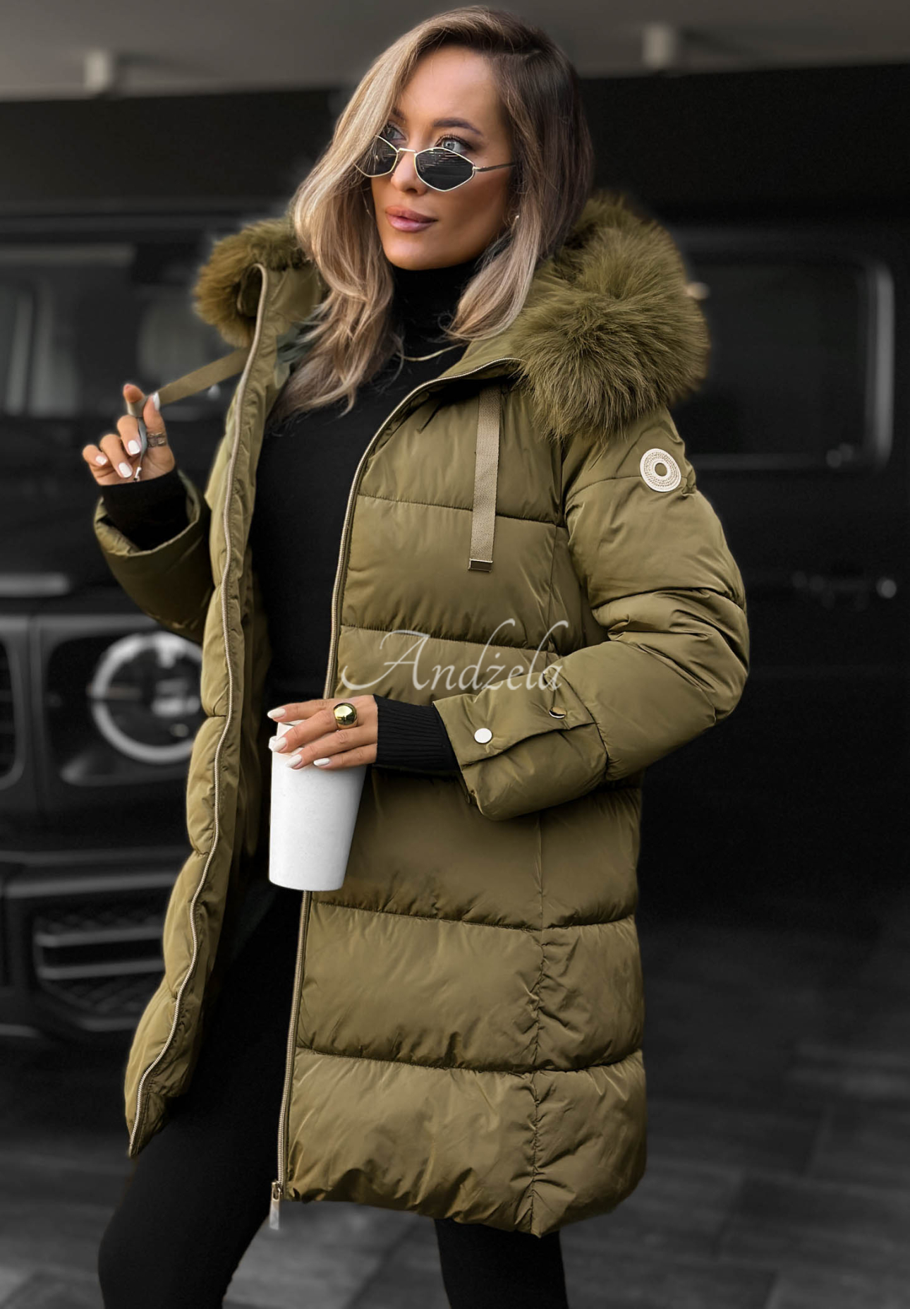 Dlhá prešívaná bunda s kožušinou Winter Sunday khaki