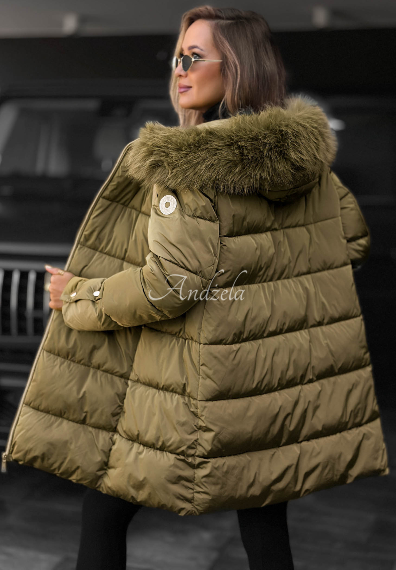 Dlhá prešívaná bunda s kožušinou Winter Sunday khaki