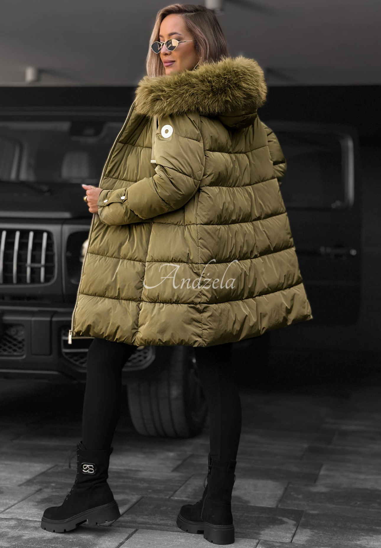 Dlhá prešívaná bunda s kožušinou Winter Sunday khaki