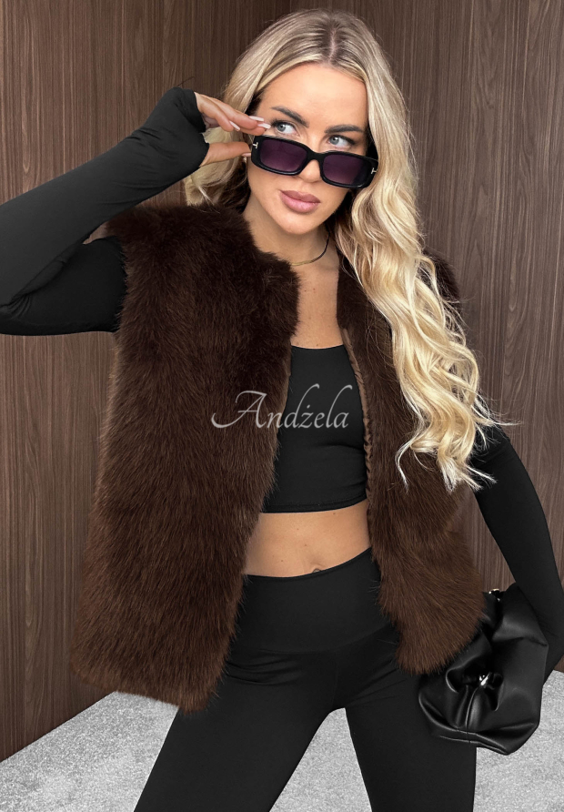 Kr&aacute;tka vesta kož&uacute;&scaron;ok Cozy Fur čokol&aacute;dov&aacute;