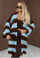 Dlhý kardigan oversize z bufiastymi rękawami w paski October Charm niebiesko-čokoládový