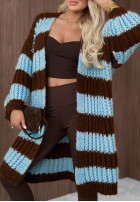 Dlhý kardigan oversize z bufiastymi rękawami w paski October Charm niebiesko-čokoládový