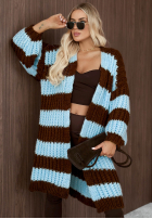 Dlhý kardigan oversize z bufiastymi rękawami w paski October Charm niebiesko-čokoládový