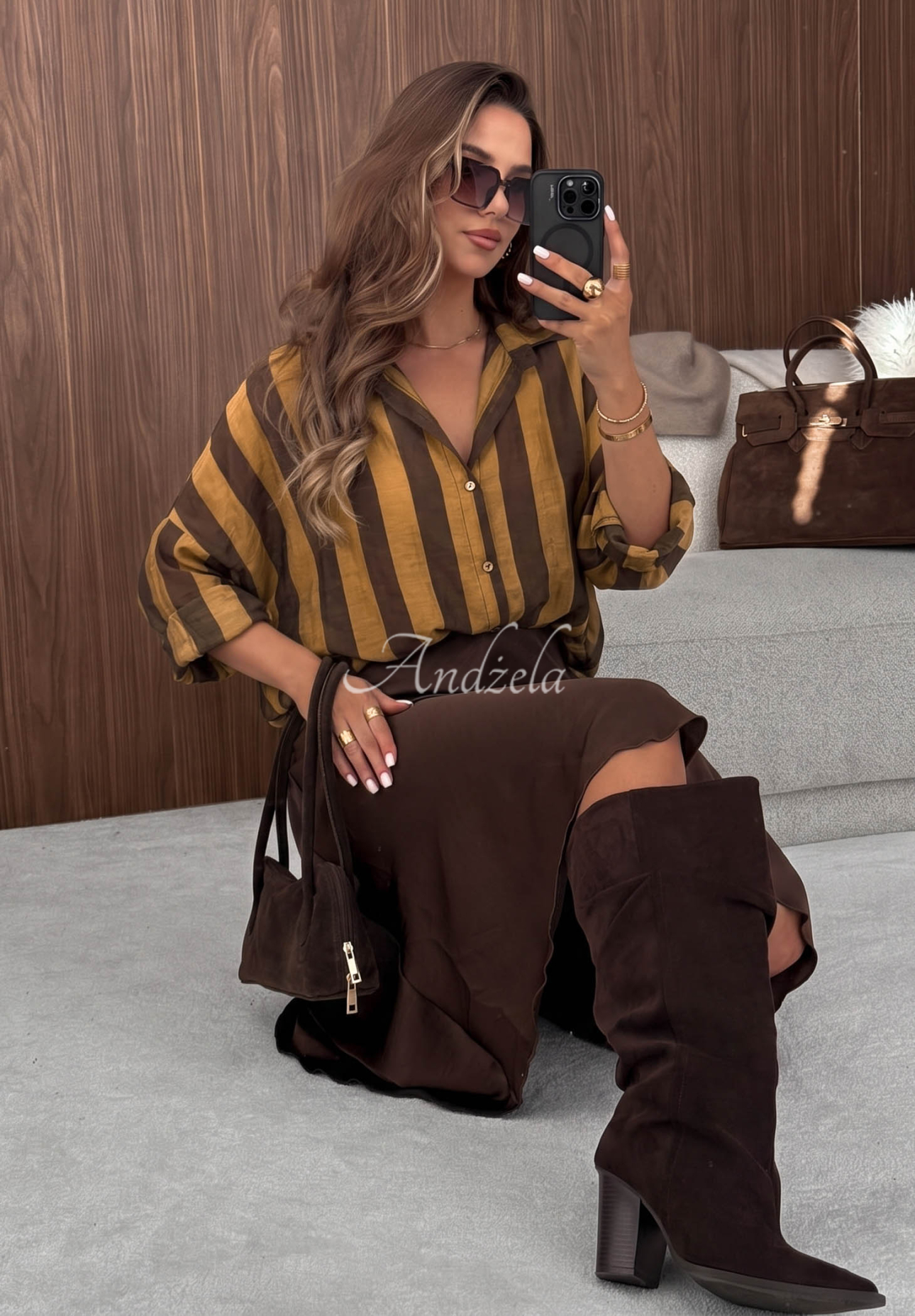 Košeľa oversize s pruhmi z lyocellu Honey Sun čokoládovo-olivová