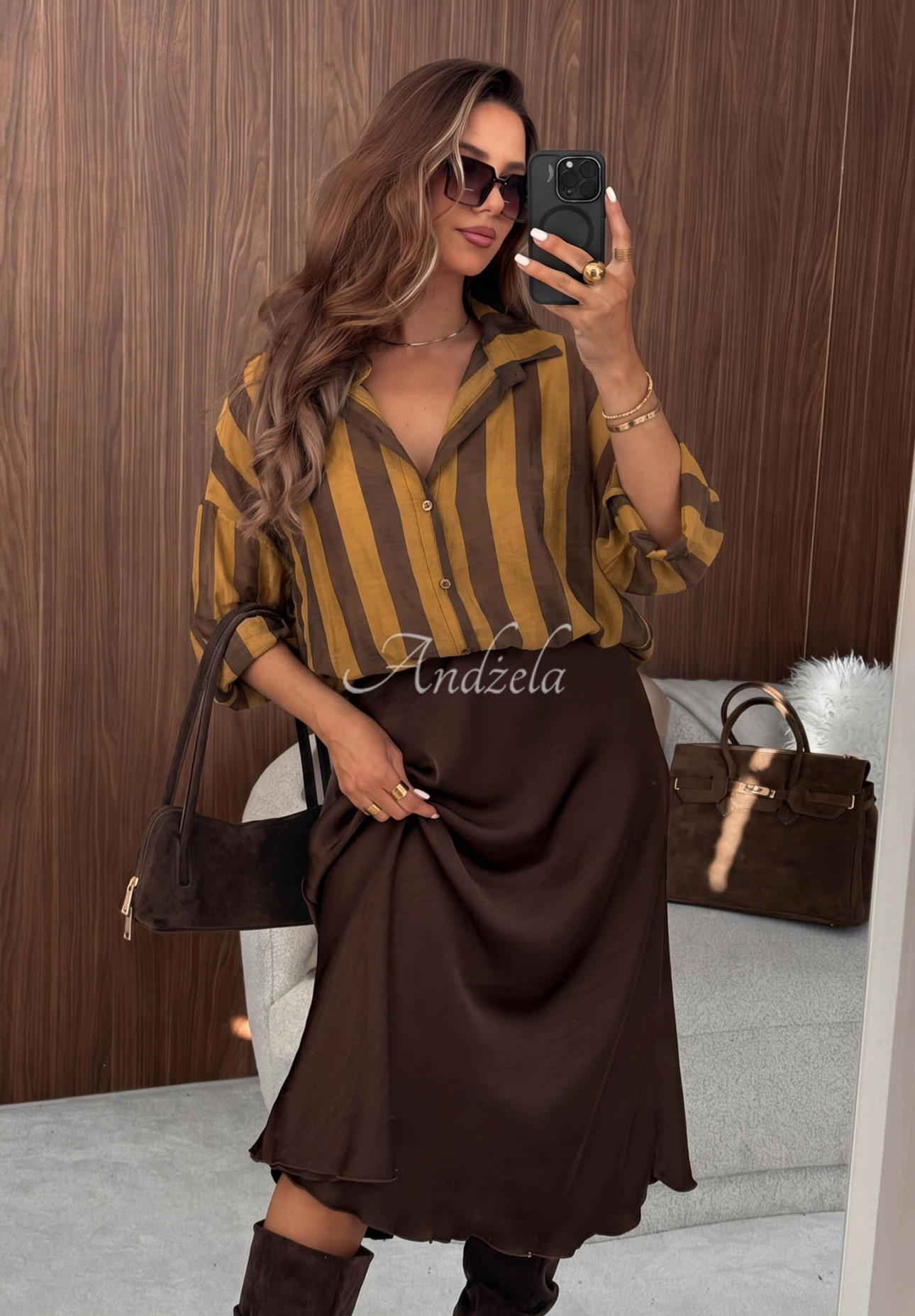 Košeľa oversize s pruhmi z lyocellu Honey Sun čokoládovo-olivová