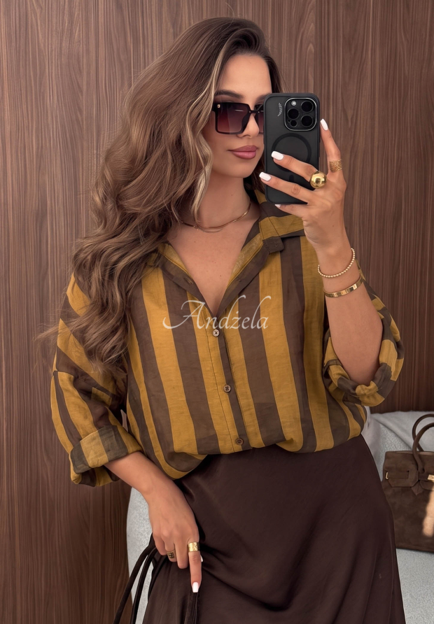 Ko&scaron;eľa oversize s pruhmi z lyocellu Honey Sun čokol&aacute;dovo-olivov&aacute;