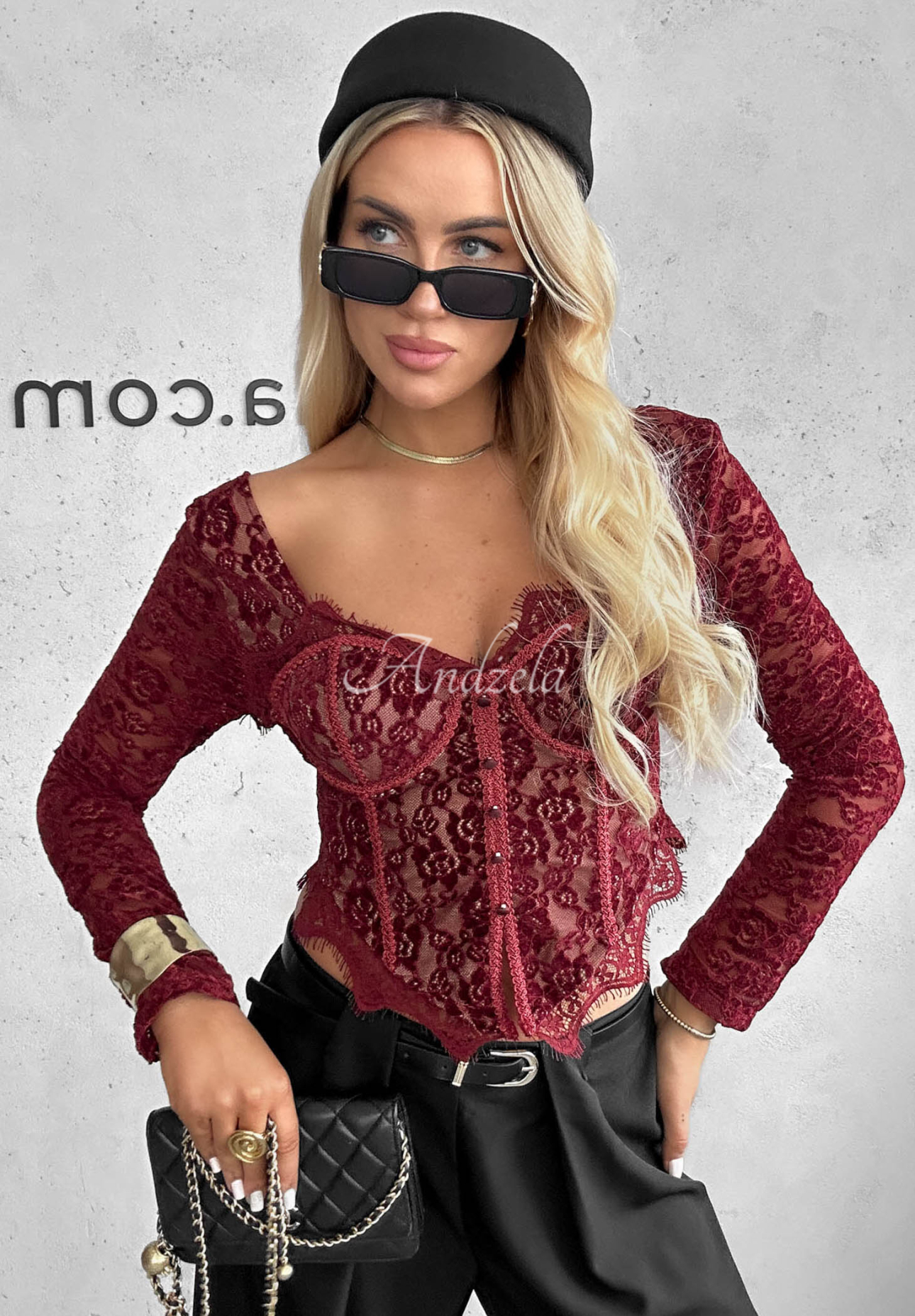 Korzetová blúzka longsleeve s čipky Pure Seduction bordová