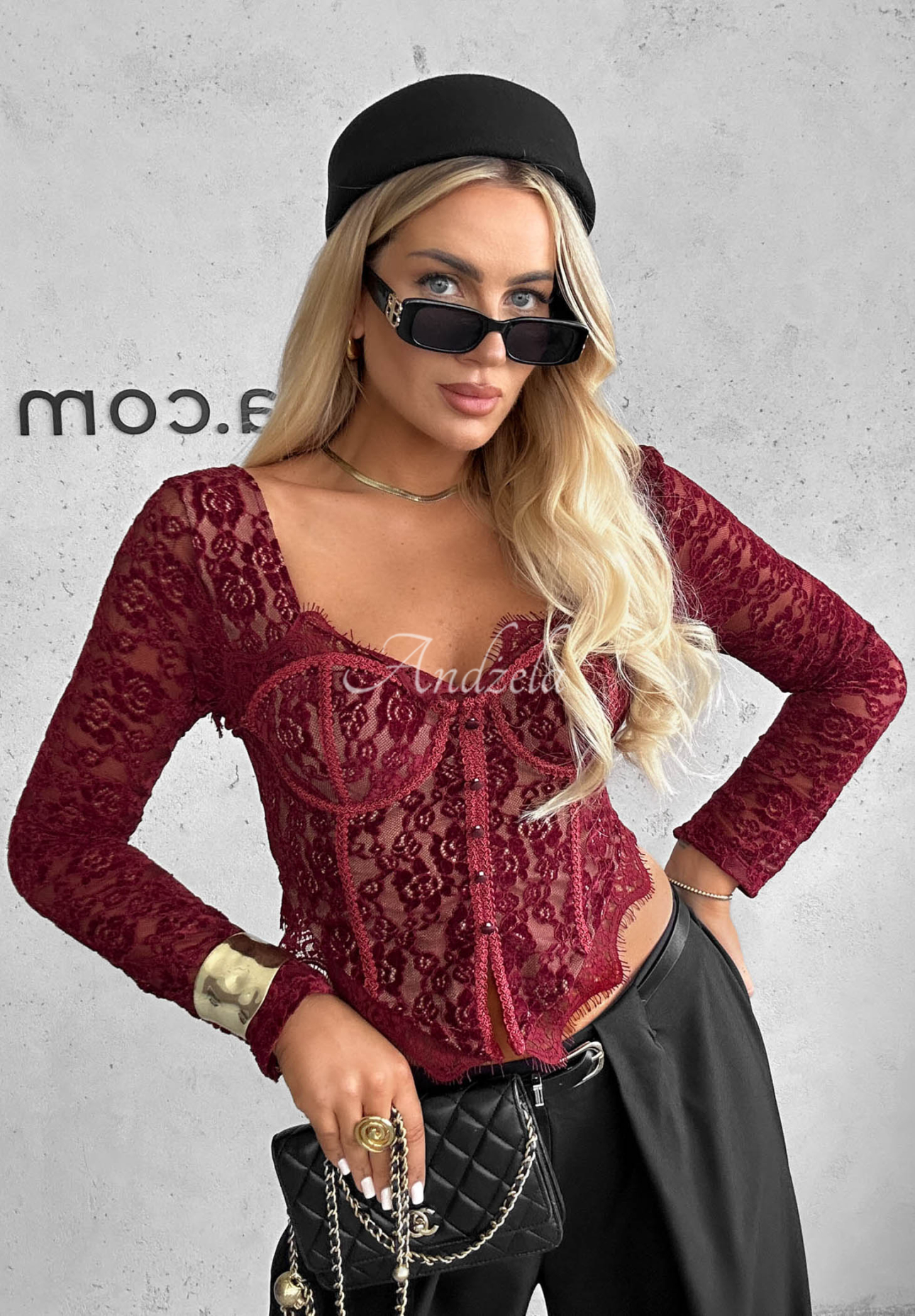 Korzetová blúzka longsleeve s čipky Pure Seduction bordová