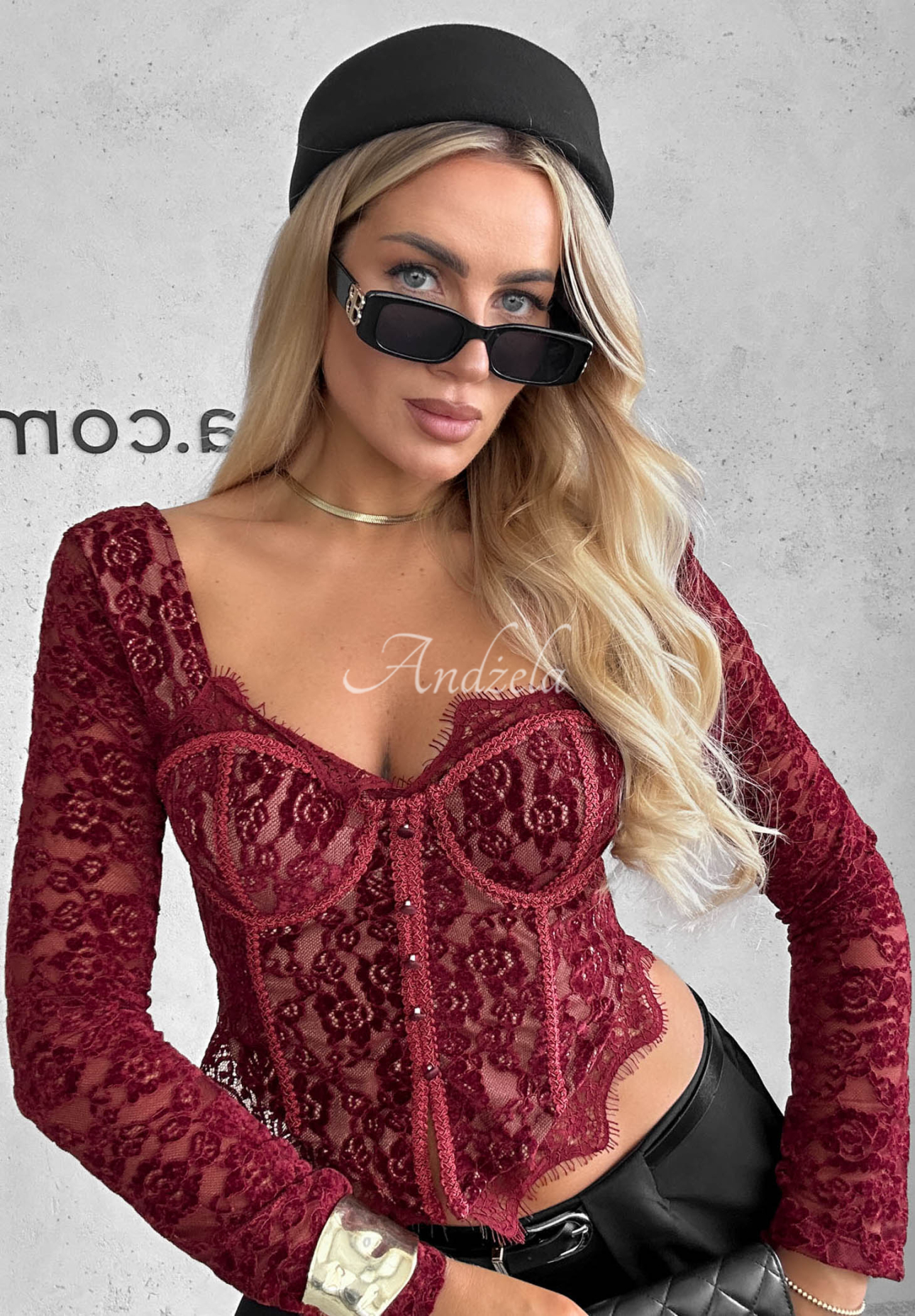 Korzetová blúzka longsleeve s čipky Pure Seduction bordová