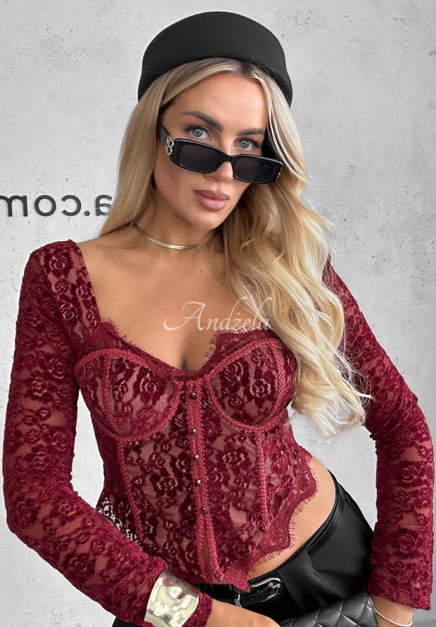 Korzetov&aacute; bl&uacute;zka longsleeve s čipky Pure Seduction bordov&aacute;