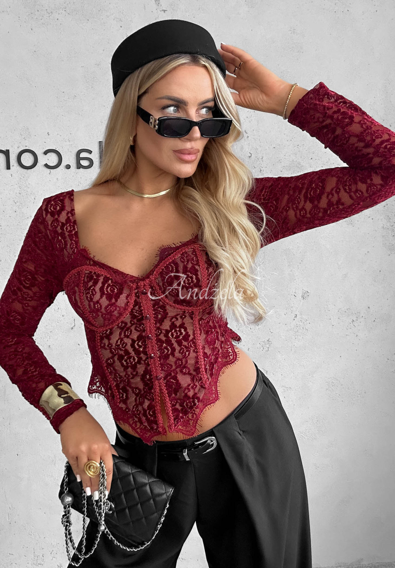 Korzetová blúzka longsleeve s čipky Pure Seduction bordová