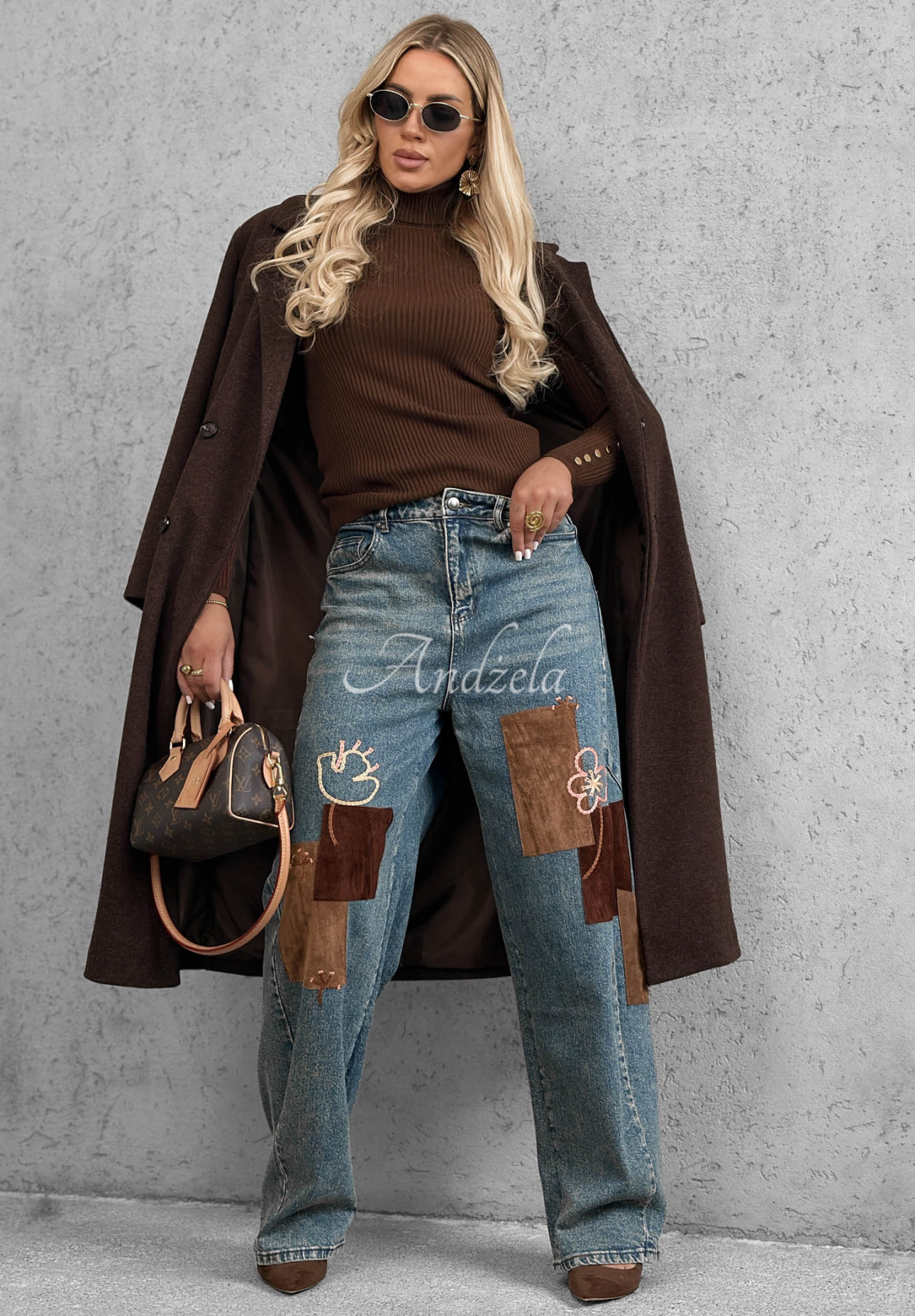 Džínsy wide leg s nášivkami Fall Mood modré