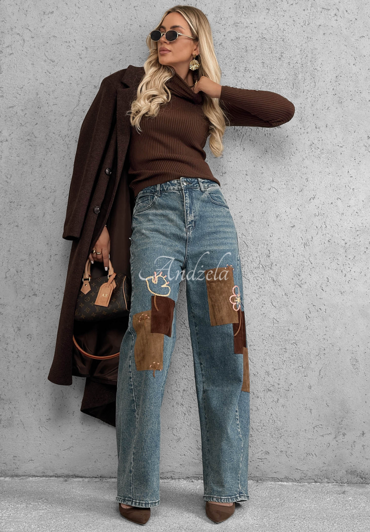 Džínsy wide leg s nášivkami Fall Mood modré