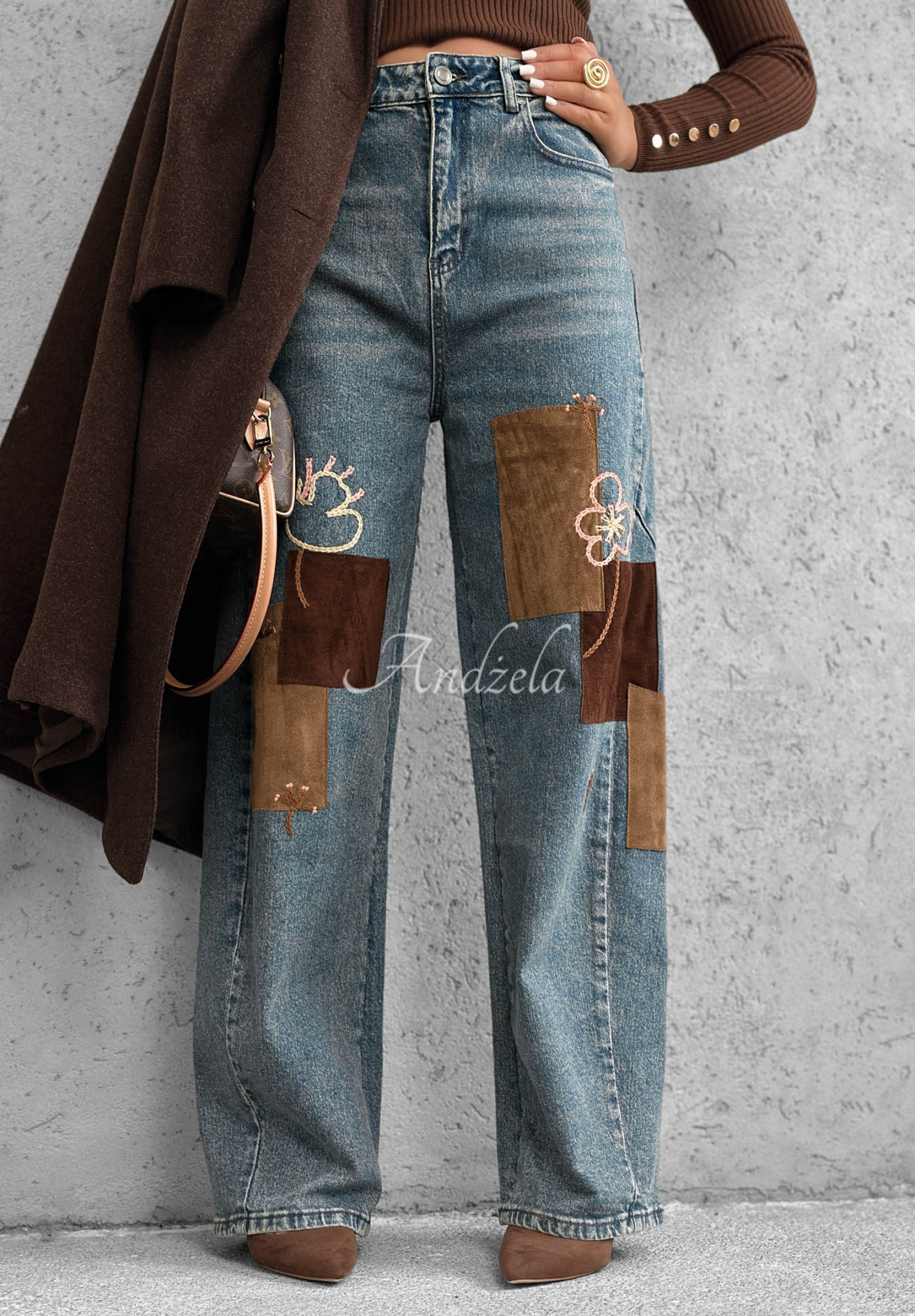 Džínsy wide leg s nášivkami Fall Mood modré