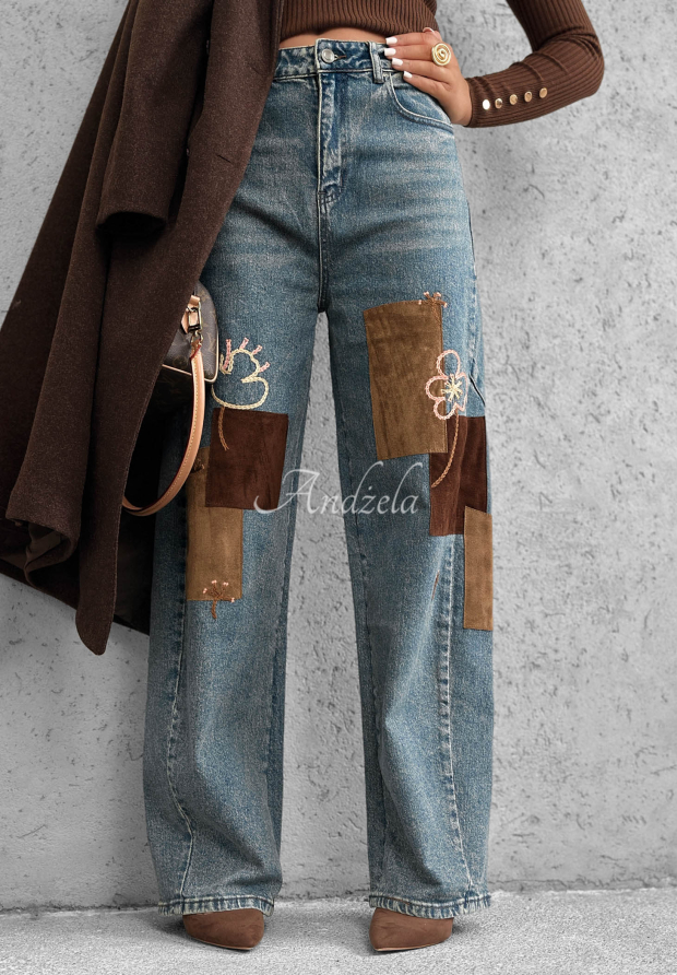 Dž&iacute;nsy wide leg s n&aacute;&scaron;ivkami Fall Mood modr&eacute;