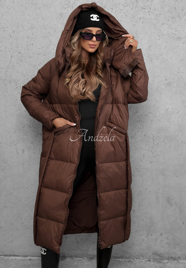 Dlh&aacute; p&aacute;perov&aacute; bunda s kapucňou Want Winter čokol&aacute;dov&aacute;
