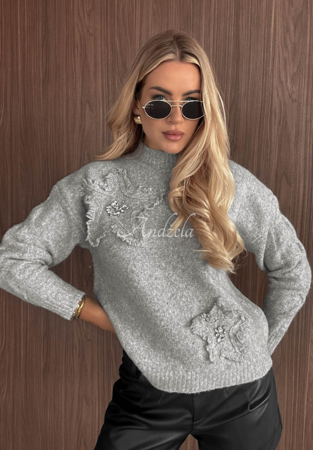 M&auml;kk&yacute; visk&oacute;zov&yacute; sveter s kry&scaron;t&aacute;lmi Crystal Sky siv&yacute;
