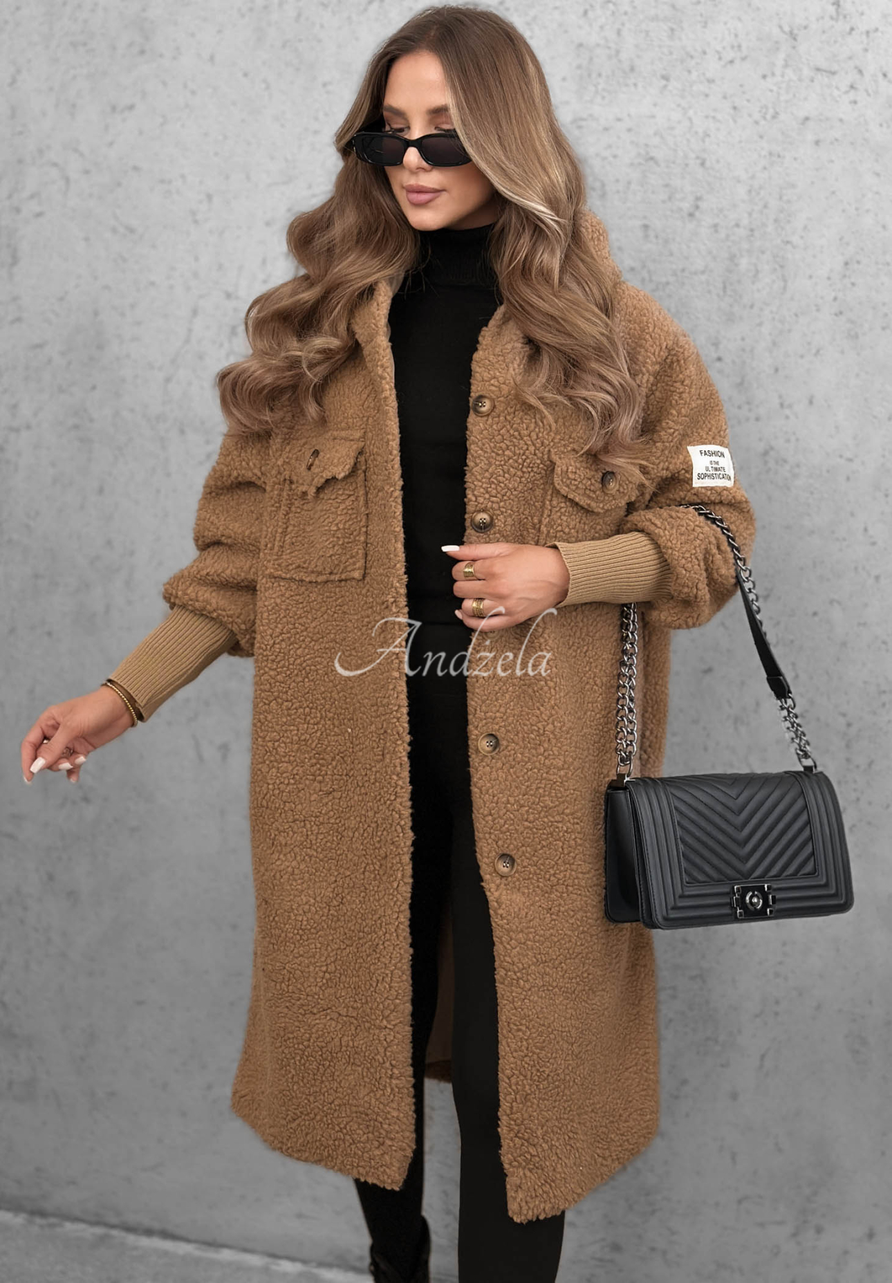 Dlhý kabát kožúšok s kapucňou Aspen Babe ťavý
