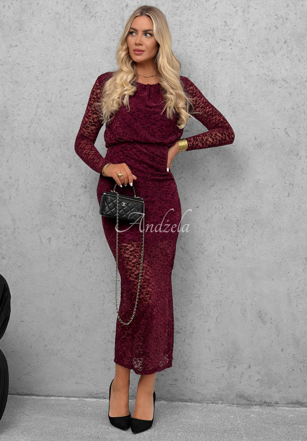 Čipkované šaty maxi s riasením Lace Affair  bordová