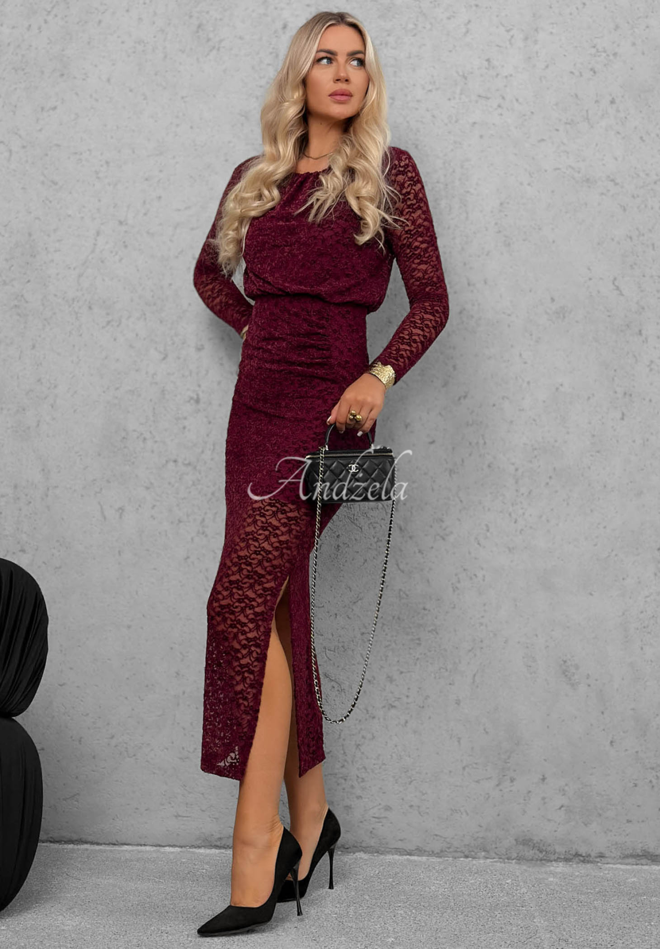 Čipkované šaty maxi s riasením Lace Affair  bordová