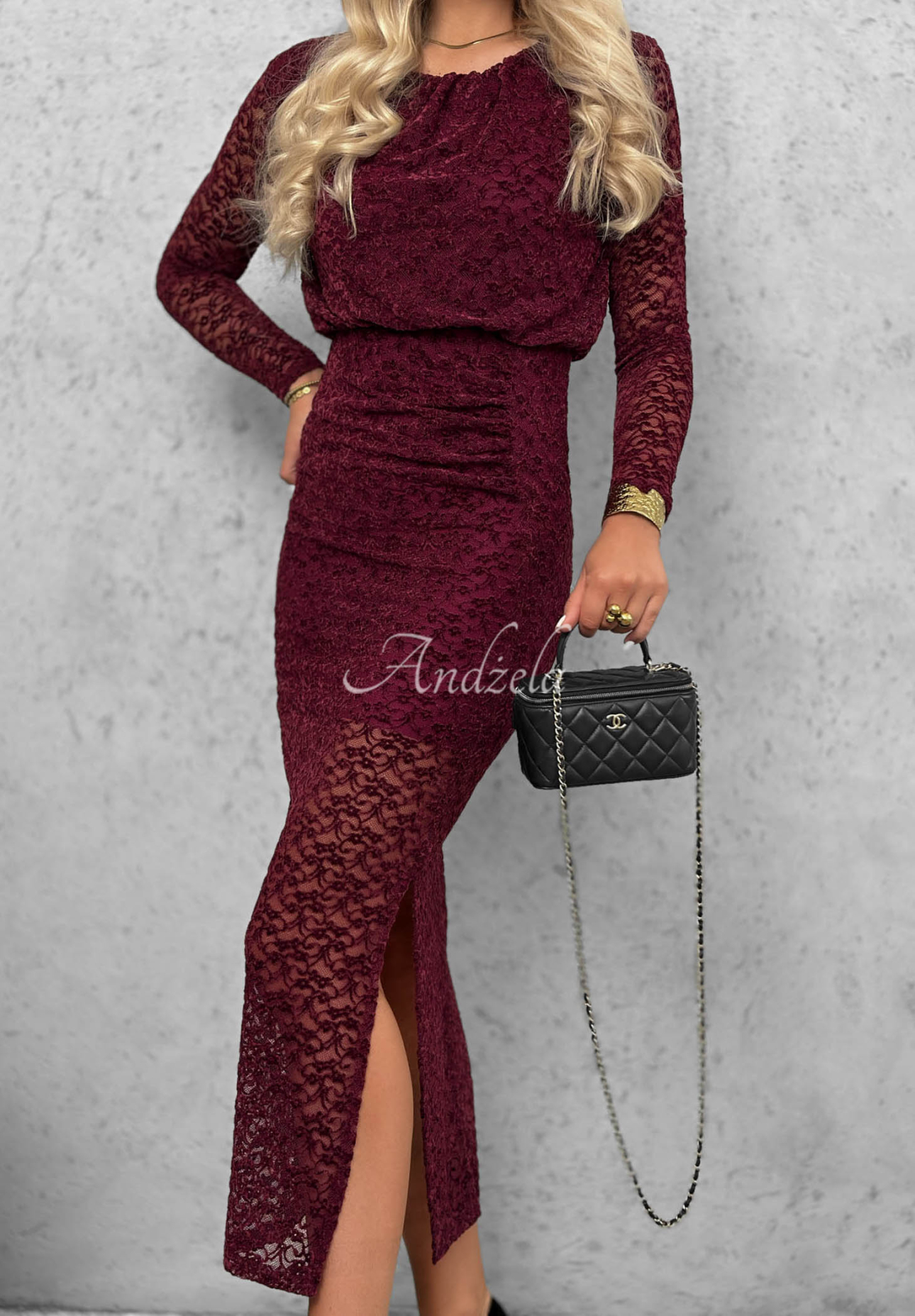 Čipkované šaty maxi s riasením Lace Affair  bordová