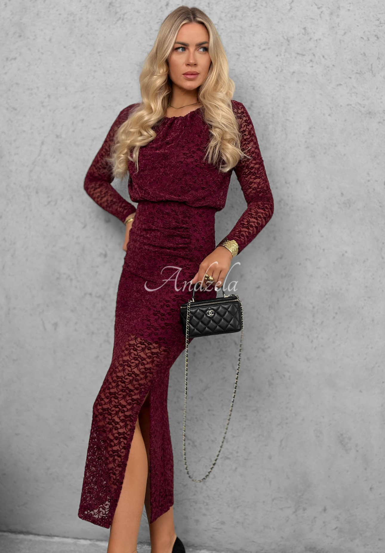 Čipkované šaty maxi s riasením Lace Affair  bordová