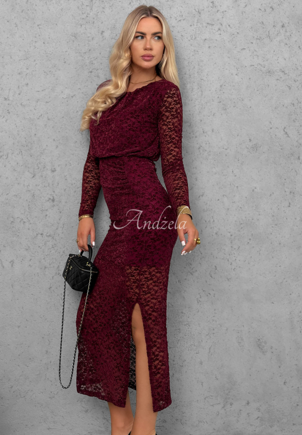 Čipkovan&eacute; &scaron;aty maxi s riasen&iacute;m Lace Affair  bordov&aacute;