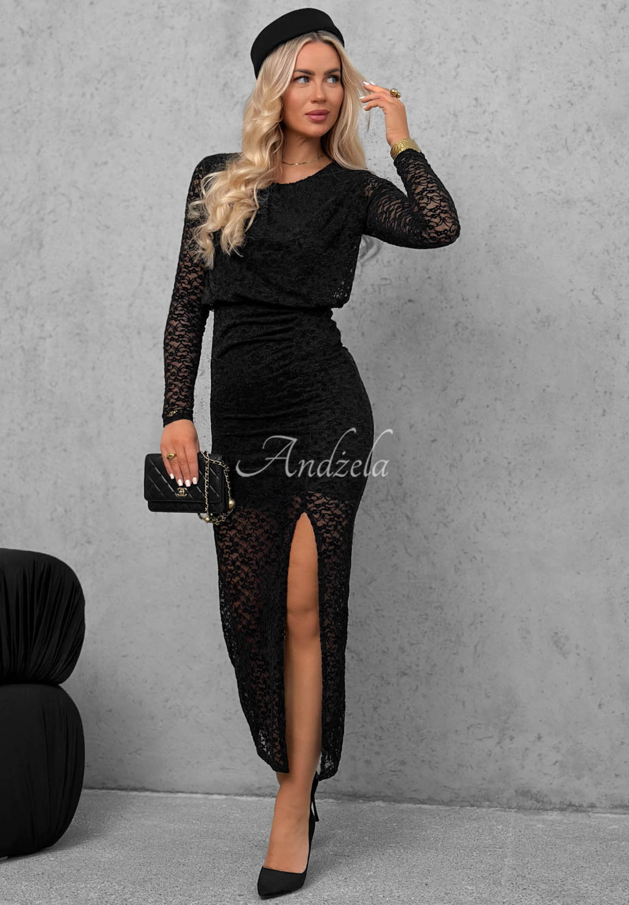 Čipkované šaty maxi s riasením Lace Affair čierna