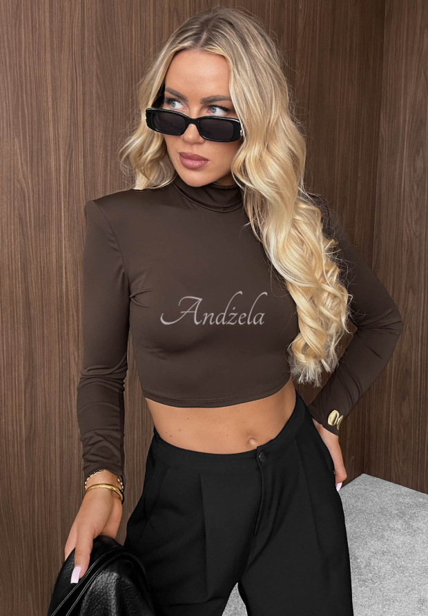 Kr&aacute;tka bl&uacute;zka longsleeve s polorol&aacute;kom Sassy Muse čokol&aacute;dov&aacute;