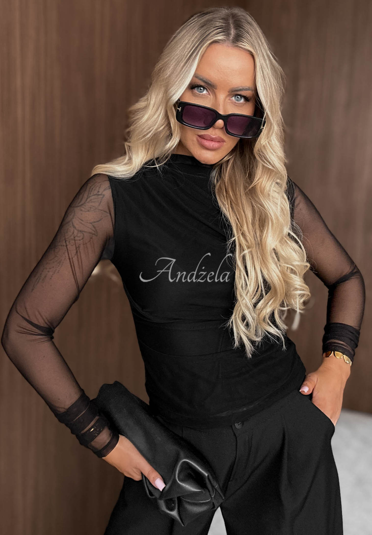 Sieťovaná blúzka longsleeve s riasením Femme Fatale čierna