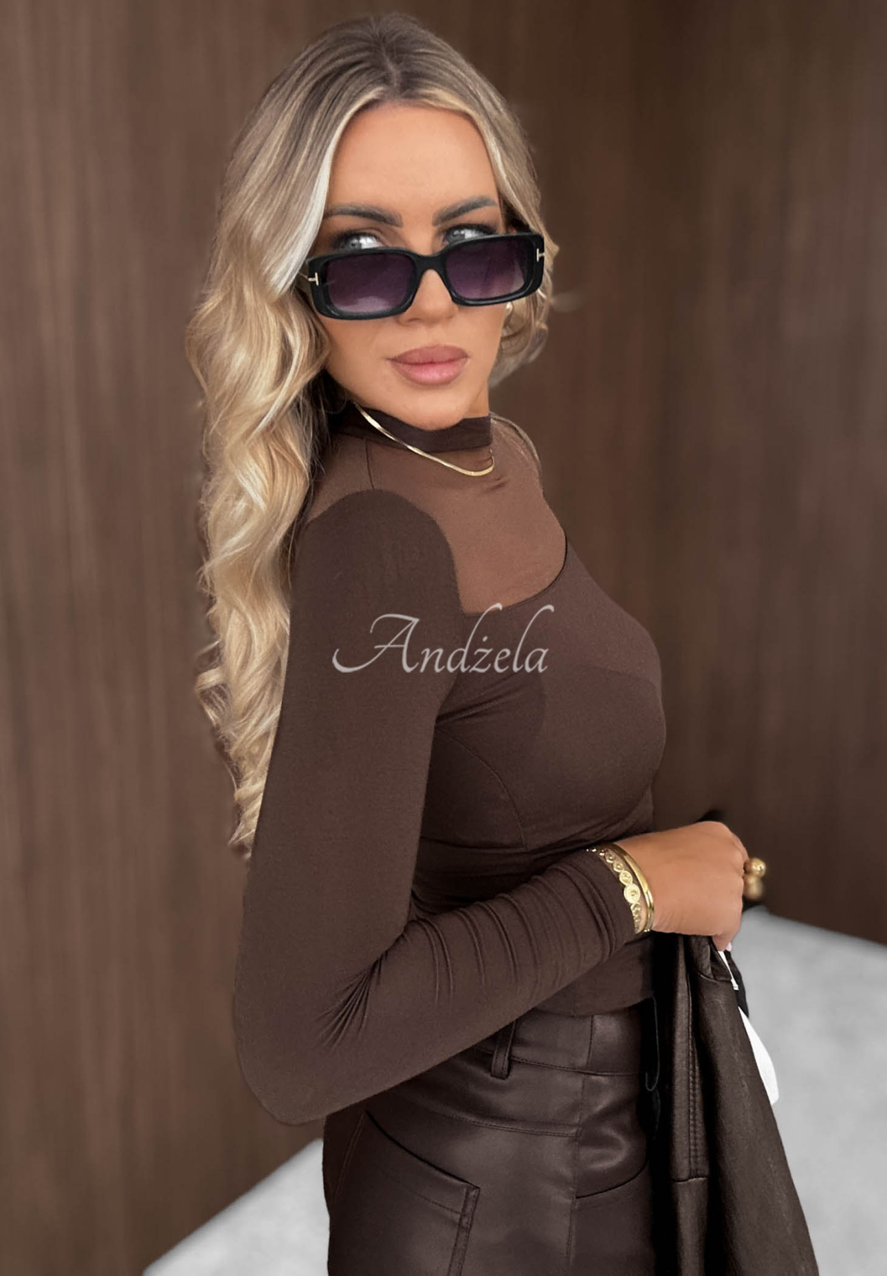 Viskózová blúzka longsleeve so sieťovinou Pretty Basea čokoládová