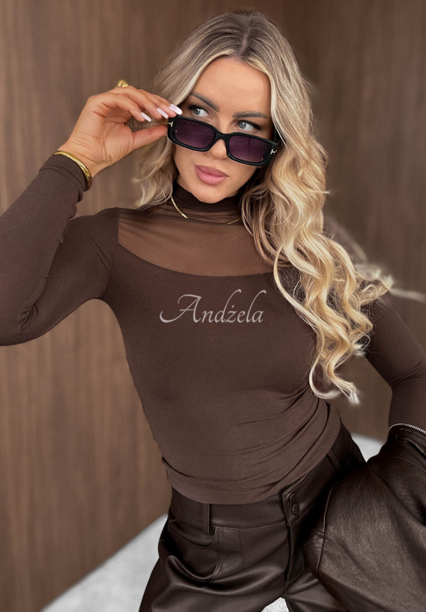 Visk&oacute;zov&aacute; bl&uacute;zka longsleeve so sieťovinou Pretty Basea čokol&aacute;dov&aacute;