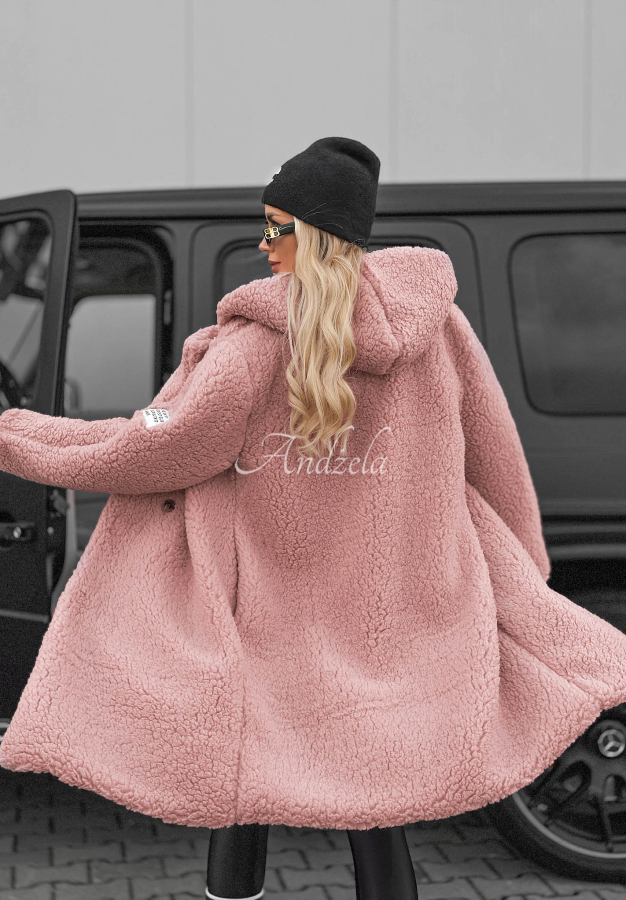 Dlhý kožúškový kabát s kapucňou a bavlnou Frost Lady púdrovo ružová