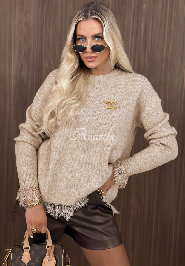 Oversize sveter s vlnou a čipkou Cozy Softness b&eacute;žov&yacute;