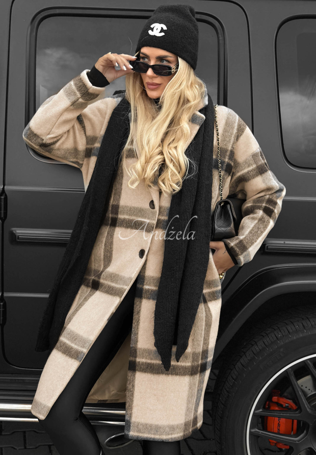 Dlh&yacute; k&aacute;rovan&yacute; kab&aacute;t s golierom Classy Fall b&eacute;žov&yacute;